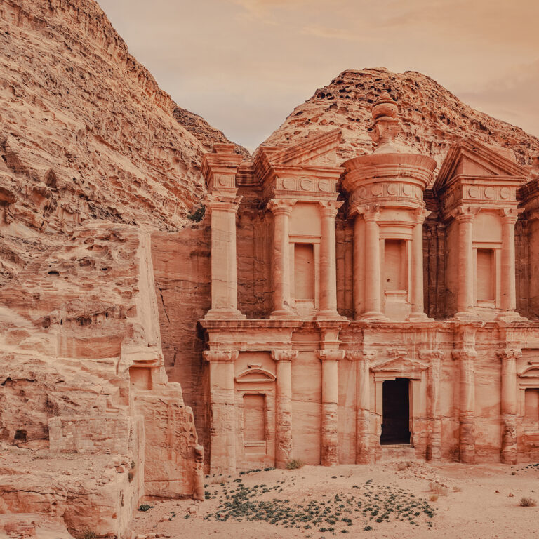 Ad Deir – Monastery – ruins carved in rocky wall at Petra Jordan