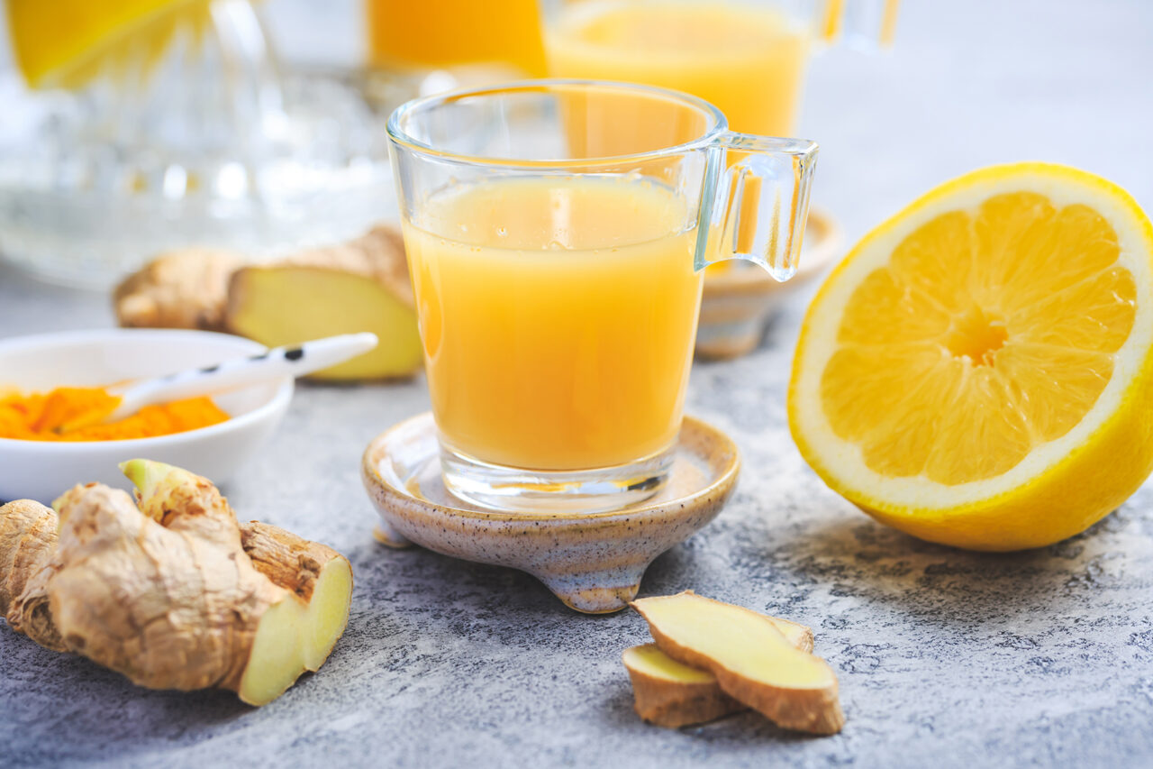 Homemade,Turmeric,Lemon,Ginger,Shots,In,Small,Glasses,,Healthy,Ginger