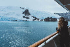 Antarctica,Cruise,Passenger,Views,Glacier.,Beautiful,Girl,Hair,Blowing,In