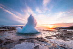 Eruption,Of,Strokkur,Geyser,In,Iceland.,Winter,Cold,Colors,,Sun